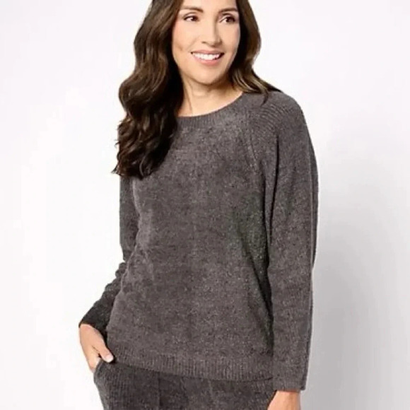 Barefoot Dreams CozyChic Lite Rib Blocked Pullover Small Carbon Gray BDWCL21908 - Picture 1 of 7